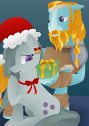 Size: 1280x1811 | Tagged: safe, artist:lavenderrain24, imported from derpibooru, marble pie, rockhoof, earth pony, christmas, crack shipping, duo, female, hat, holiday, male, marblehoof, present, santa hat, shipping, straight