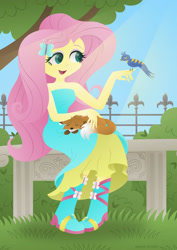 Size: 1280x1811 | Tagged: safe, artist:lavenderrain24, imported from derpibooru, fluttershy, bird, butterfly, fox, human, equestria girls, bare shoulders, boots, clothes, dress, fall formal outfits, female, shoes, sleeveless, sleeveless dress, solo, strapless