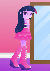 Size: 1280x1811 | Tagged: safe, artist:lavenderrain24, imported from derpibooru, twilight sparkle, human, equestria girls, clothes, dress, fall formal outfits, female, legs, mirror, sleeveless, sleeveless dress, smiling, solo