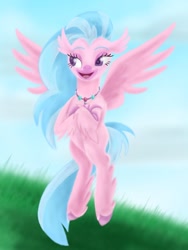 Size: 720x960 | Tagged: safe, artist:lavenderrain24, imported from derpibooru, silverstream, hippogriff, cloud, female, grass, grass field, jewelry, necklace, sky, solo