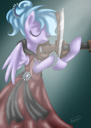 Size: 683x960 | Tagged: safe, artist:lavenderrain24, imported from derpibooru, oc, oc only, oc:lavender rain, pegasus, pony, bipedal, female, hoof hold, musical instrument, violin