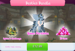 Size: 1267x861 | Tagged: safe, idw, imported from derpibooru, queen parabola, alicorn, zebra, zebra alicorn, bridge, bundle, costs real money, ear piercing, earring, english, female, fire, gameloft, gem, horn, horn ring, idw showified, jewelry, mare, my little pony: magic princess, necklace, numbers, official, palm tree, piercing, pillar, ring, sale, solo, solo focus, spread wings, text, tree, wings