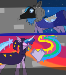 Size: 2093x2388 | Tagged: safe, artist:madtown97, imported from derpibooru, izzy moonbow, oc, oc:oleander nightshade, oc:olly, earth pony, pony, unicorn, spoiler:g5, spoiler:my little pony: tell your tale, spoiler:tyts01e34, clothes, earth pony oc, female, g5, hoodie, male, mare, my little pony: tell your tale, plague doctor, plague doctor mask, sneaksy, sneaksy strikes again, split screen, spray paint, standoff, street art, two sides