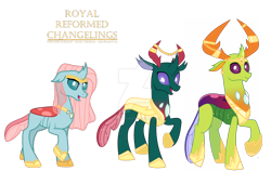Size: 1280x807 | Tagged: safe, artist:hate-love12, imported from derpibooru, ocellus, pharynx, thorax, changedling, changeling, deviantart watermark, female, jewelry, king thorax, male, obtrusive watermark, older, older ocellus, prince pharynx, simple background, transparent background, watermark