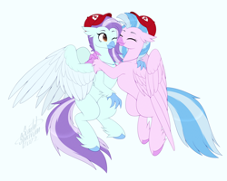 Size: 3634x2912 | Tagged: safe, artist:scarlet-spectrum, imported from derpibooru, silverstream, oc, oc:ocean breeze, oc:ocean breeze (savygriffs), hippogriff, canon x oc, cute, diastreamies, duo, duo female, female, freckles, happy, hat, hippogriff oc, hug, jewelry, kansas city chiefs, lesbian, necklace, oceanstream, smiling