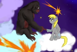 Size: 1280x860 | Tagged: safe, artist:tielgar, imported from derpibooru, derpy hooves, gorilla, pegasus, pony, beast wars, crackshipping, duo, female, male, optimus primal, shipping, shooting star, straight, transformers
