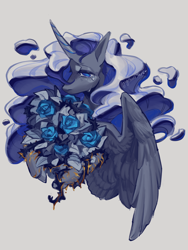 Size: 1500x2000 | Tagged: safe, artist:yuyusunshine, imported from derpibooru, princess luna, alicorn, pony, blood, bouquet, crying, female, flower, flowing mane, implied self harm, injured, mare, rose, simple background, solo, white background