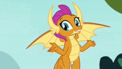 Size: 1920x1080 | Tagged: safe, imported from derpibooru, screencap, smolder, dragon, school daze, season 8, spoiler:s08, 1080p, cute, dragoness, female, flying, looking at you, smiling, smolderbetes, solo