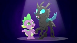 Size: 1920x1080 | Tagged: safe, imported from derpibooru, screencap, spike, thorax, changeling, dragon, season 6, the times they are a changeling, 1080p, a changeling can change, duo, duo male, happy, male, spotlight, wholesome