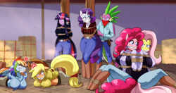 Size: 2477x1306 | Tagged: safe, artist:traupa, imported from derpibooru, applejack, fluttershy, pinkie pie, rainbow dash, rarity, spike, twilight sparkle, anthro, unguligrade anthro, back to back, bondage, bound and gagged, bound together, breasts, cleave gag, cloth gag, cowgirl, female, flannel shirt, gag, hogtied, kidnapped, mane six, pole tied, tied up, western