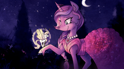 Size: 3000x1667 | Tagged: safe, artist:themagicbrew, imported from derpibooru, lily lightly, breezie, pony, unicorn, clothes, dress, duo, g3, night