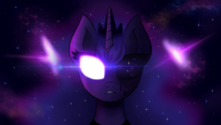 Size: 3700x2100 | Tagged: safe, artist:ladyluna2, imported from derpibooru, princess luna, alicorn, pony, female, glowing, glowing eyes, solo, stars, the cosmos