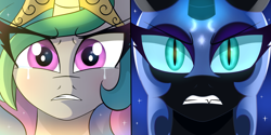 Size: 4200x2100 | Tagged: safe, artist:ladyluna2, imported from derpibooru, nightmare moon, princess celestia, pony, crying, duo, gritted teeth, teeth