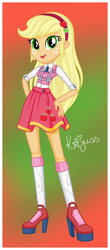 Size: 1384x3144 | Tagged: safe, artist:machakar52, imported from derpibooru, applejack, human, equestria girls, alternate hairstyle, clothes, cutie mark on clothes, female, headband, high heels, long hair, looking at you, necktie, school uniform, shoes, socks, solo, winx club