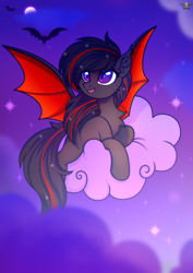 Size: 3000x4241 | Tagged: safe, artist:fluffywhirlpool, imported from derpibooru, oc, oc only, oc:predawn dew, bat, bat pony, pony, bat pony oc, bat wings, chest fluff, cloud, colored wings, commission, ear fluff, fangs, female, full body, looking at something, looking up, lying down, lying on a cloud, mare, moon, night, night sky, on a cloud, open mouth, open smile, purple eyes, sky, sky background, smiling, solo, spread wings, stars, tail, two toned mane, two toned tail, two toned wings, wings, ych result