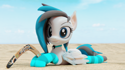 Size: 3840x2160 | Tagged: safe, artist:dieanondie, imported from derpibooru, oc, oc only, oc:mareana sweetie, bat pony, pegasus, 3d, beach, blender, boomerang, clothes, collar, female, hybrid oc, mare, socks, solo, striped socks, yin-yang