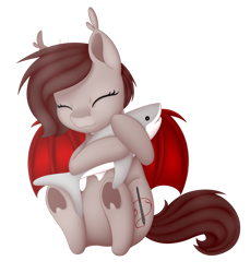 Size: 1280x1398 | Tagged: safe, artist:bloodyartwork, imported from derpibooru, oc, oc only, bat pony, pony, shark, bat pony oc, cute, eyes closed, female, plushie, shark plushie, simple background, solo, transparent background, underhoof