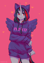 Size: 838x1200 | Tagged: safe, artist:margony, imported from derpibooru, oc, oc only, oc:flydry, anthro, unicorn, breasts, clothes, female, hoodie, horn, solo, wings