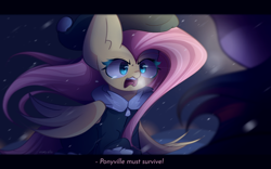 Size: 2400x1500 | Tagged: safe, artist:miryelis, imported from derpibooru, fluttershy, twilight sparkle, pegasus, pony, unicorn, big ears, clothes, crossover, crying, emotional, frostpunk, long hair, open mouth, snow, snowfall, standing, text, wind, wings