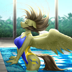 Size: 1280x1280 | Tagged: safe, artist:mykegreywolf, imported from derpibooru, oc, oc only, oc:static spark, anthro, pegasus, breasts, clothes, eyes closed, female, high-cut clothing, hips, one-piece swimsuit, pegasus oc, short hair, solo, spread wings, swimming pool, swimsuit, thighs, water, wet, wings