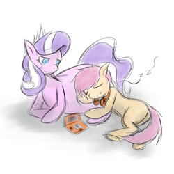 Size: 1024x1024 | Tagged: safe, artist:sagasshi, imported from derpibooru, diamond tiara, scootaloo, earth pony, pony, ask chubby diamond, ask gamer scootaloo, blushing, butt, butt pillow, chubby diamond, fat, female, filly, foal, headphones, lesbian, nintendo ds, plot, scootiara, shipping, simple background, sleeping, white background