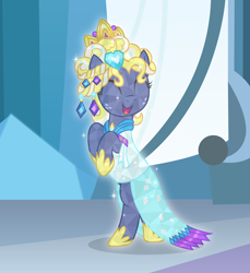 Size: 1708x1864 | Tagged: safe, artist:badumsquish, derpibooru exclusive, imported from derpibooru, star tracker, crystal pony, earth pony, pony, ^^, alternate hairstyle, ceremonial headdress, clothes, colt, cosplay, costume, crossdressing, crossplay, crystal empire, crystal heart, crystallized, cute, dress, eyelashes, eyes closed, fangirling, femboy, foal, freckles, gem, glowing, happy, heart, hoofy-kicks, horseshoes, implied princess cadance, jewelry, male, open mouth, race swap, rearing, regalia, show accurate, solo, sparkling, squee, starcrossed, the crystal empire 10th anniversary, tiara, trackerbetes
