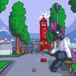 Size: 512x512 | Tagged: safe, artist:vohd, imported from derpibooru, oc, oc only, oc:ex, oc:vohd, earth pony, pony, unicorn, animated, bell, clothes, cloud, park, pixel art, running, ship, sitting, tree