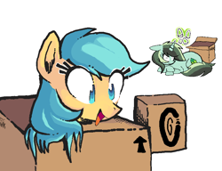 Size: 860x660 | Tagged: safe, artist:yidwags, imported from derpibooru, oc, oc only, oc:boxfilly, oc:herbal remedy, pegasus, pony, unicorn, -w-, ammobox, ammunition, art trade, box, eyes closed, floppy ears, horn, levitation, lying down, lying on the ground, magic, magic aura, mecha, open mouth, open smile, outline, simple background, smiling, telekinesis, transparent background, unicorn oc, white outline