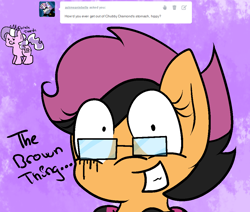 Size: 1024x868 | Tagged: safe, artist:askscootahipster, imported from derpibooru, diamond tiara, scootaloo, earth pony, pony, ask scootahipster, ask, bust, clothes, crying, female, filly, foal, glasses, implied full tour, implied pooping, implied vore, pinpoint eyes, scarf, scootahipster, solo, striped scarf