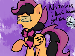 Size: 800x600 | Tagged: safe, artist:askscootahipster, imported from derpibooru, scootaloo, silver spoon, pegasus, pony, ask scootahipster, clothes, eyes closed, female, filly, foal, glasses, implied vore, scarf, scootahipster, solo focus, striped scarf