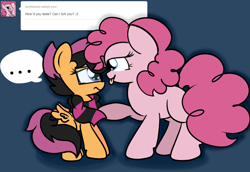 Size: 1280x880 | Tagged: safe, artist:askscootahipster, imported from derpibooru, pinkie pie, scootaloo, earth pony, pegasus, pony, ask scootahipster, ..., ask, clothes, female, filly, foal, glasses, heart, implied vore, kitchen eyes, looking at each other, looking at someone, mare, scarf, scootahipster, striped scarf, tongue out