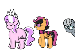 Size: 800x600 | Tagged: safe, artist:askscootahipster, imported from derpibooru, diamond tiara, scootaloo, silver spoon, earth pony, pegasus, pony, ask chubby diamond, ask scootahipster, chubby diamond, clothes, eyes closed, fat, female, filly, foal, glasses, heart, heart eyes, lesbian, scarf, scootahipster, scootiara, shipping, simple background, striped scarf, white background, wingding eyes