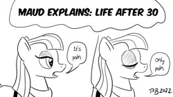 Size: 1200x675 | Tagged: safe, artist:pony-berserker, imported from derpibooru, maud pie, cynical, eyes closed, life is pain, pony-berserker's twitter sketches, pony-berserker's twitter sketches (2022), speech bubble, title