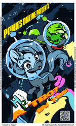 Size: 422x702 | Tagged: safe, artist:yogurt, imported from derpibooru, oc, oc only, pony, advertising, convention, holopon, mascot, mask, moon, online, pixal, poniesonline, space, spaceship, spacesuit