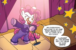 Size: 1126x750 | Tagged: safe, artist:tonyfleecs, idw, imported from derpibooru, pinkie pie, earth pony, pony, ponies of dark water, spoiler:comic, spoiler:comic44, dialogue, female, g4, mare, microphone, microphone stand, pinkie joker, solo, speech bubble