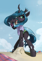 Size: 1944x2828 | Tagged: safe, artist:i love hurt, imported from derpibooru, queen chrysalis, changeling, changeling queen, semi-anthro, beach, female, g4, hoof hold, mare, morning, sand, solo, wallpaper, wings