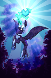 Size: 2160x3303 | Tagged: safe, artist:moonatik, imported from derpibooru, nightmare moon, alicorn, crystal pony, pony, alternate timeline, armor, crystal heart, crystallized, darkness, female, helmet, implied king sombra, magic, mare, new lunar millennium, nightmare takeover timeline, peytral, solo, spread wings, the crystal empire 10th anniversary, wallpaper, wings