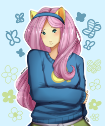 Size: 1500x1800 | Tagged: safe, artist:datpuppiartist, imported from derpibooru, fluttershy, human, equestria girls, clothes, fake ears, female, looking at you, pony ears, solo, sweater, wondercolts