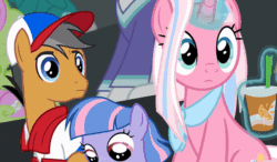 Size: 800x468 | Tagged: safe, imported from derpibooru, screencap, clear sky, quibble pants, wind sprint, earth pony, pegasus, pony, unicorn, common ground, season 9, spoiler:s09, animated, baseball cap, cap, clothes, cup, cute, drink, female, filly, foal, freckles, gif, hat, head rub, hug, laughing, looking at each other, looking at someone, magic, male, mare, mother and child, mother and daughter, shirt, sprintabetes, stallion, telekinesis, trio focus