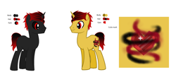 Size: 2880x1368 | Tagged: safe, artist:kiracatastic, imported from derpibooru, oc, oc only, pony, unicorn, duo, horn, male, red and black oc, simple background, smiling, stallion, story included, unicorn oc, white background