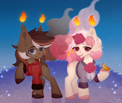 Size: 1280x1077 | Tagged: safe, artist:macyw, imported from derpibooru, oc, oc:rosey incense, oc:vince cocoa, earth pony, original species, pony, 2022, candle, closed species, commission, couple, cute, december, digital art, duo, duo male and female, earth pony oc, evening, female, fire, male, night, shading, sky, smoke