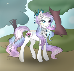 Size: 2096x2032 | Tagged: safe, artist:existencecosmos188, imported from derpibooru, oc, oc only, pony, unicorn, braid, braided tail, choker, female, forest, heterochromia, horn, mare, solo, spread wings, tail, unicorn oc, wings