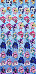 Size: 445x900 | Tagged: safe, artist:marybellamy, imported from derpibooru, applejack, fluttershy, pinkie pie, princess cadance, princess celestia, princess flurry heart, princess luna, rainbow dash, rarity, starlight glimmer, twilight sparkle, alicorn, earth pony, pegasus, unicorn, big crown thingy, element of magic, face, heart, jewelry, lanyard, mane six, regalia, royal sisters, siblings, sisters, smiling, stars, twilight sparkle (alicorn)