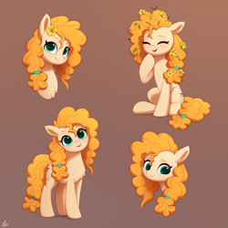 Size: 2000x2000 | Tagged: safe, artist:luminousdazzle, imported from derpibooru, pear butter, earth pony, pony, bust, chest fluff, cute, female, flower, flower in hair, freckles, full body, hair tie, high res, looking at you, mare, messy mane, mom, pearabetes, portrait, simple background, sitting, smiling, smiling at you, solo, standing