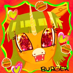 Size: 1080x1080 | Tagged: safe, artist:ombnom, imported from derpibooru, oc, oc only, oc:burger mare, pony, unicorn, art, burger, bust, colorful, digital art, food, kinsona, red background, simple background, solo