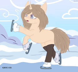 Size: 1608x1500 | Tagged: safe, artist:ghou1ss, imported from derpibooru, oc, oc only, oc:arina, pony, unicorn, blank flank, boots, clothes, cloud, commission, female, ice, ice skates, ice skating, mare, open mouth, raised hoof, raised leg, scar, shoes, snow, socks, solo, stockings, thigh highs, ych result