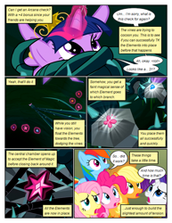 Size: 612x792 | Tagged: safe, artist:newbiespud, edit, edited screencap, imported from derpibooru, screencap, applejack, fluttershy, pinkie pie, rainbow dash, rarity, twilight sparkle, alicorn, earth pony, pegasus, pony, comic:friendship is dragons, princess twilight sparkle (episode), big crown thingy, comic, dialogue, element of generosity, element of honesty, element of kindness, element of laughter, element of loyalty, element of magic, elements of harmony, eyelashes, female, glowing, glowing horn, hat, horn, jewelry, magic, mane six, mare, outdoors, regalia, screencap comic, telekinesis, twilight sparkle (alicorn), vine