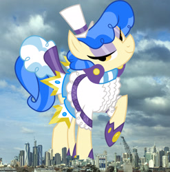 Size: 2026x2048 | Tagged: safe, imported from derpibooru, sapphire shores, earth pony, pony, australia, clothes, female, giant pony, giant sapphire shores, giant/macro earth pony, giantess, high res, highrise ponies, irl, looking at you, macro, mare, mega giant, melbourne, photo, ponies in real life, raised hoof, smiling, solo