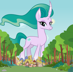 Size: 1920x1893 | Tagged: safe, artist:cheezedoodle96, artist:jaredking779, edit, imported from derpibooru, mistmane, pony, unicorn, curved horn, ethereal mane, female, giant pony, giant unicorn, giantess, horn, houses, looking at you, macro, mare, mega giant, ponyville, smiling, solo