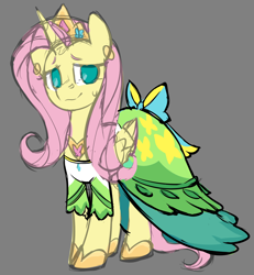 Size: 1758x1900 | Tagged: safe, artist:moonseeker, imported from derpibooru, fluttershy, alicorn, pony, alicornified, clothes, dress, female, fluttercorn, gray background, mare, race swap, simple background, sketch, solo
